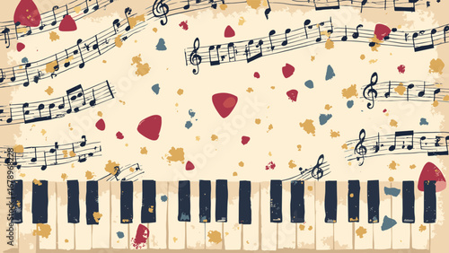 Sheet music, guitar picks, piano keys musical tools pattern on ivory, palette: ivory, ebony, gold, crimson