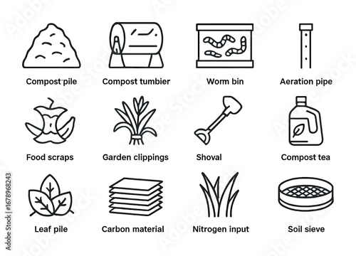 Composting Methods Icons. Outline icon set of composting methods: compost pile, compost tumbler, worm bin,
