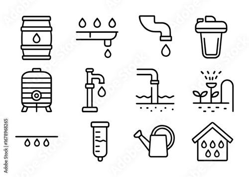 Rainwater Harvesting Icons. Outline icon set of rainwater harvesting: rain barrel, gutter, downspout, water