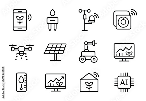 Smart Urban Farming Icons. Outline icon set of smart urban farming: monitoring app, soil sensor, weather