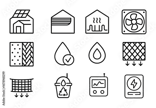 Greenhouse Efficiency Icons. Outline icon set of greenhouse energy efficiency: solar panel, thermal screen,