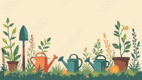Gardening trowels, watering cans, seed packets botanical repeat on moss, palette: moss green, terracotta, leaf, cream