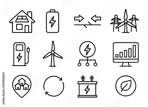 Community Microgrid Icons. Outline icon set of community microgrids: house with solar, battery icon, power