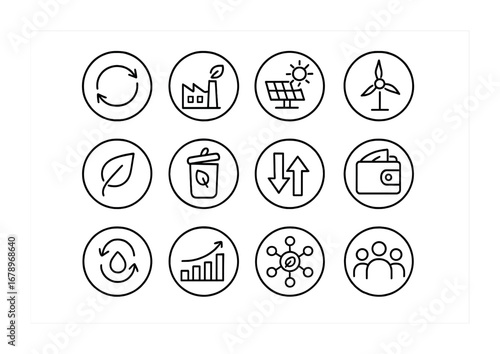 Circular Energy Icons. Outline icon set of circular energy economy: recycling arrows, eco factory, solar panel