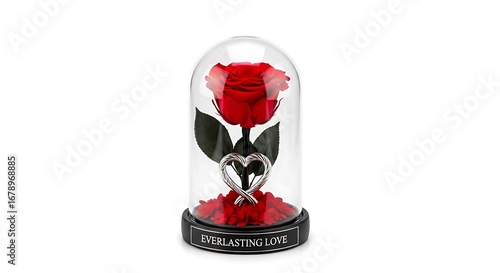 Eternal red rose in glass dome isolated on white background