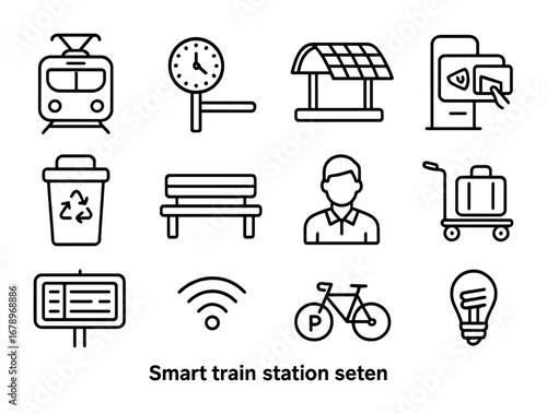 Smart Train Station Icons. Outline icon set of smart train stations: electric train, station clock, solar
