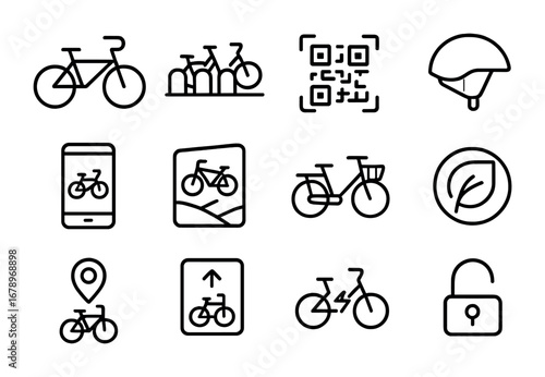 Bike Sharing Icons. Outline icon set of bike-sharing hubs: shared bike, docking station, QR code scan, helmet
