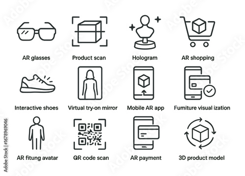 AR Shopping Icon Set. Outline icon set of AR shopping experiences: AR glasses, product scan, hologram icon, AR