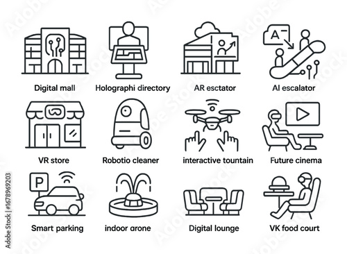 Futuristic Mall Icons. Outline icon set of futuristic malls: digital mall icon, holographic directory, VR