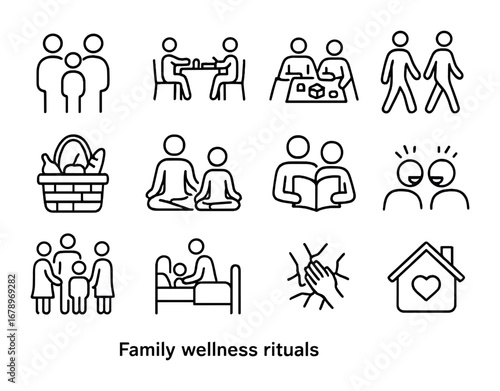 Family Wellness Icons. Outline icon set of family wellness rituals: family group icon, shared meal, board game