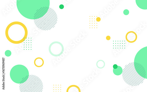 Fresh and modern abstract background featuring a lively mix of mint green and yellow geometric shapes. Playful circles, rings, and dotted patterns create a clean, versatile design