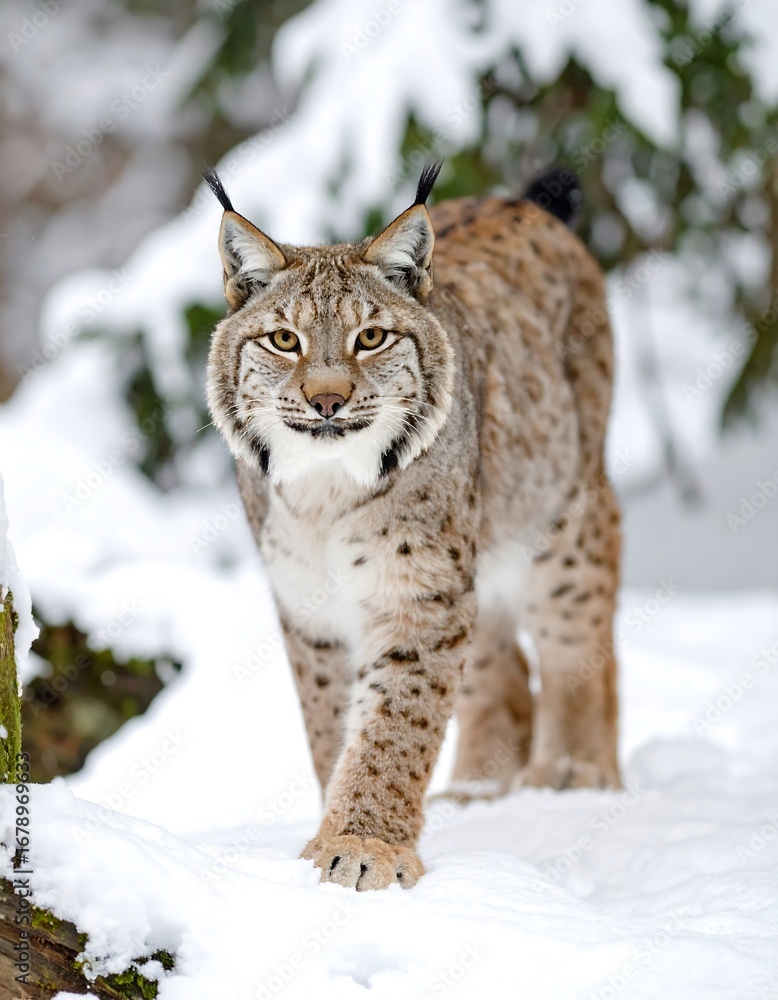 Fototapeta premium A magnificent lynx strolls across a snowy landscape, showcasing its striking spotted coat against a winter wonderland.