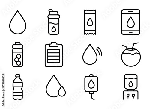 Hydration Icon Set. Outline icon set of hydration optimization: water droplet, smart bottle, electrolyte