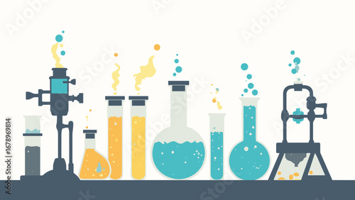 Test tubes, flasks, Bunsen burners chemistry lab tools on lab-white, palette: lab white, neon cyan, safety yellow, steel
