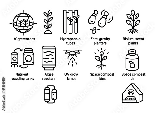 Space Agriculture Icons. Outline icon set of space agriculture futures: orbital greenhouses, hydroponic tubes,