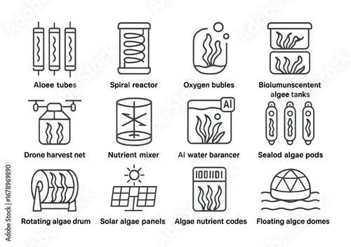 Cosmic Algae Icon Set. Outline icon set of cosmic algae farms: algae tubes, spiral reactors, oxygen bubbles,