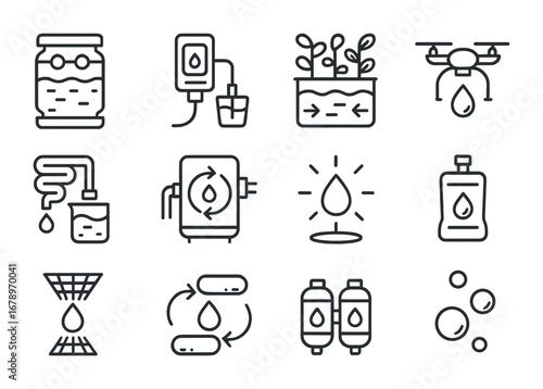 Cosmic Water Cycle Icons. Outline icon set of cosmic water cycles: sealed tanks, AI water testers, algae