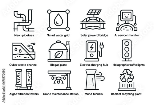 Futuristic Eco-Infrastructure Icons. Outline icon set of futuristic eco-infrastructure: neon pipelines, smart