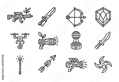 Cyberpunk Eco-Weapon Icons. Outline icon set of cyberpunk eco-weapons: algae rifles, recycled metal swords,