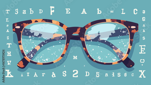 Optical frames, lens cases, eye chart symbols ophthalmic pattern, palette: frame tortoise, lens silver, chart white, navy