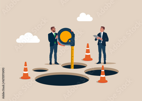Businessman using a ruler measures the depth of a hole estimate business risk. Avoid pitfall, adversity,  skill and creativity to solve problem concept. Modern vector illustration in flat style
