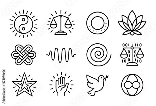 Techno-Spiritual Icon Grid. Outline icon set of techno-spiritual harmony: radiant yin yang, glowing balance,
