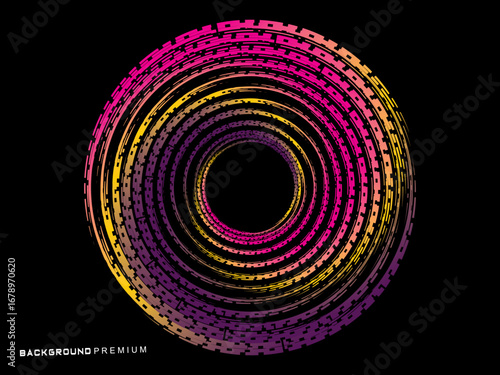 Vector background of rotating elliptical 3D shapes, consisting of a pattern of squares and wavy lines with colorful gradations.	