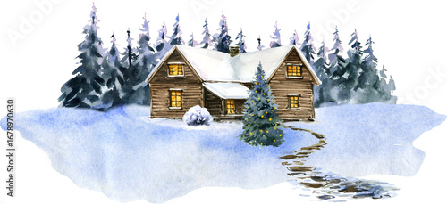 Watercolor Painting of a Snowy Cabin in Winter landscape. Winter house on a transparent background, christmas illustration. 