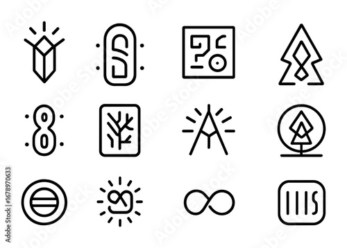 Mystic Alphabet Icons. Outline icon set of AI mystic alphabets: radiant rune, glowing hieroglyph, coded sigil,