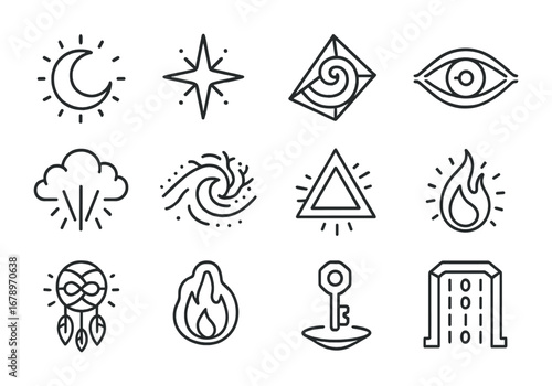 Mystic Icon Grid. Outline icon set of AI dreamlike mysticism: glowing moon, radiant star, prism spiral,