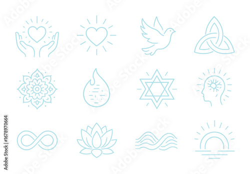 AI Spiritual Icons Grid. Outline icon set of AI spiritual unity: glowing hands, radiant hearts, luminous dove,