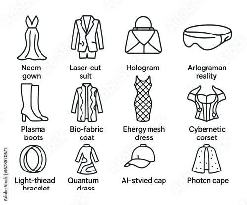 Futuristic Fashion Icons. Outline icon set of futuristic couture: neon gown, laser-cut suit, hologram handbag,