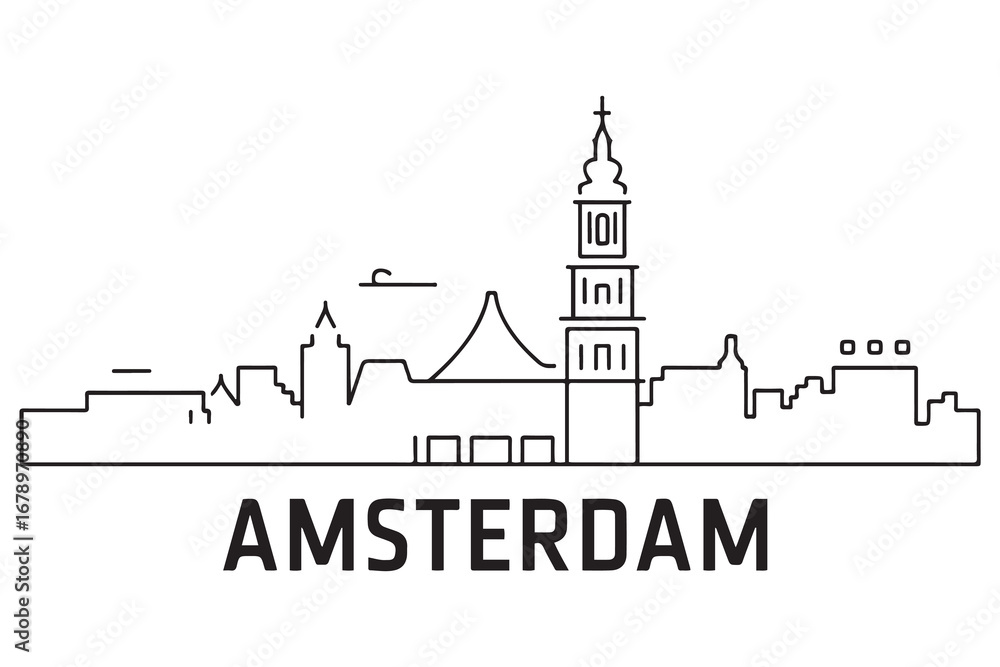 Obraz premium Amsterdam City Line Art Line Silhouette Typographic Design. Vector black silhouette. with white background