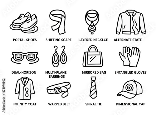 Dimension-Shift Apparel Icons. Outline icon set of dimension-shift apparel: portal shoes, shifting scarf,