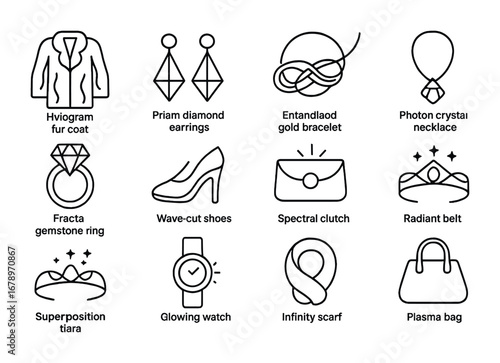 Quantum Luxury Icons. Outline icon set of quantum-luxury fashion: hologram fur coat, prism diamond earrings,