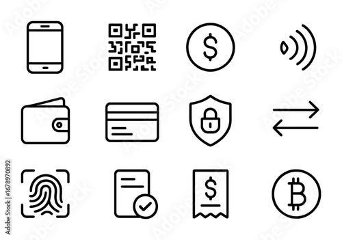 Digital Wallet Icons. Outline icon set of digital neighborhood wallets: smartphone, QR code, coin icon, NFC