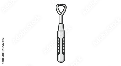 Illustration of a metal tongue scraper for oral hygiene and fresh breath.