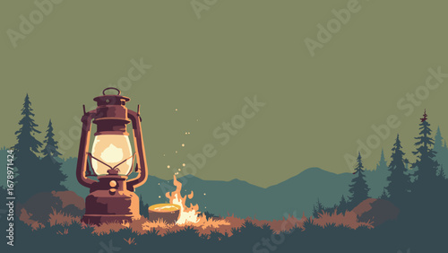 Camping stove, headlamp, compass outdoor-guide gear on olive canvas, palette: olive, lantern brass