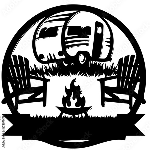 Charming camping getaway with cozy trailer, campfire, and relaxing chairs in nature scene