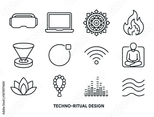 Techno-Ritual Icon Set. Outline icon set of techno-ritual design: VR headset, laptop, digital mandala, pixel