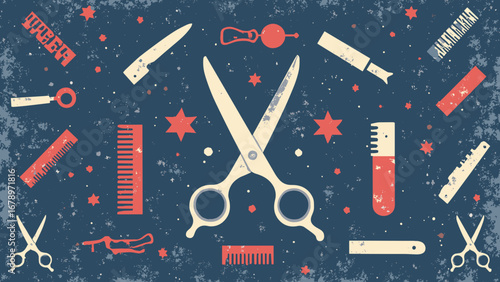 Barber scissors, combs, straight razors repeating motif on textured denim, palette: steel gray, barber red, ivory, indigo