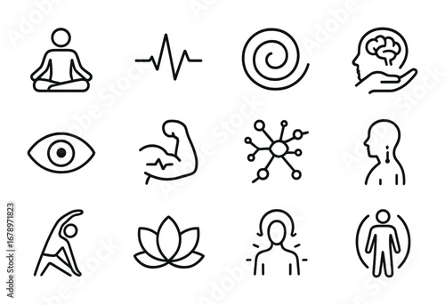 Mind-Body Connection Icons. Outline icon set of mind-body connection: yoga icon, heartbeat line, breath swirl,