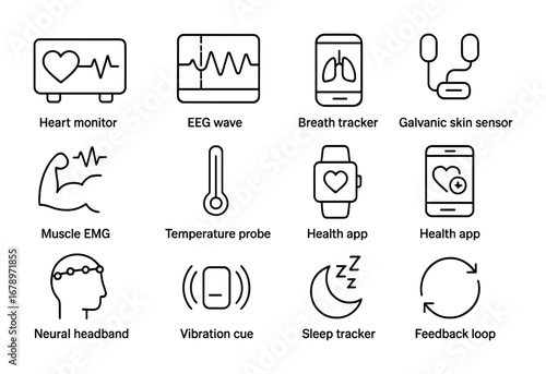 Biofeedback Icon Set. Outline icon set of biofeedback design: heart monitor, EEG wave, breath tracker,