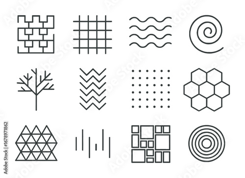 Pattern Recognition Icons. Outline icon set of pattern recognition: tessellation, lattice net, wave repetition