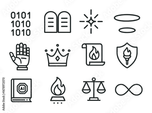 Cyber Commandments Icons. Outline icon set of cyber commandments: binary code, stone tablet, glowing spark,