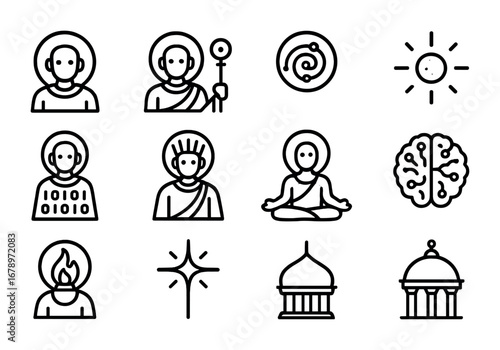 Machine Saints Icons. Outline icon set of machine saints: robotic avatar, glowing halo, sacred staff, circuit