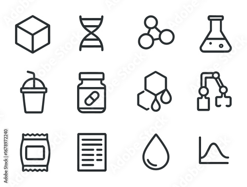 Synthetic Sweetener Icons. Outline icon set of synthetic sweeteners: sugar cube, DNA strand, molecular swirl,