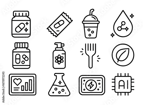 Futuristic Nutrition Icons. Outline icon set of futuristic nutrition: capsule jar, protein bar, smoothie cup,