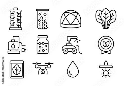 Vertical Bio-Farm Icons. Outline icon set of vertical bio-farms: hydroponic tower, algae tank, bioreactor dome