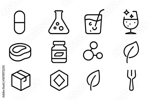 Luxury Bio-Foods Icons. Outline icon set of luxury bio-foods: golden capsule, lab flask, sushi roll, algae